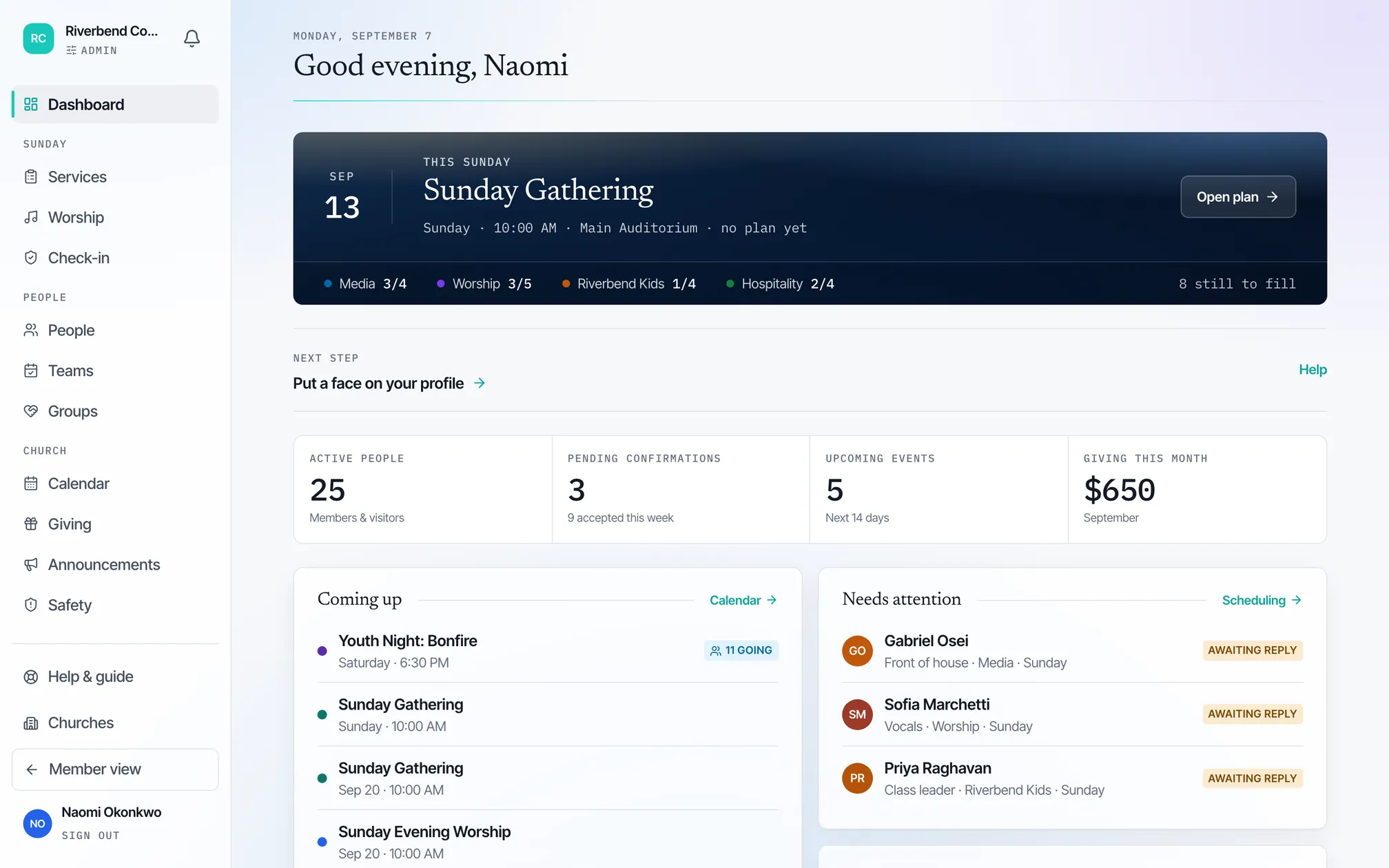 The Planning.Church dashboard: this Sunday's service, who has not replied yet, and the week ahead