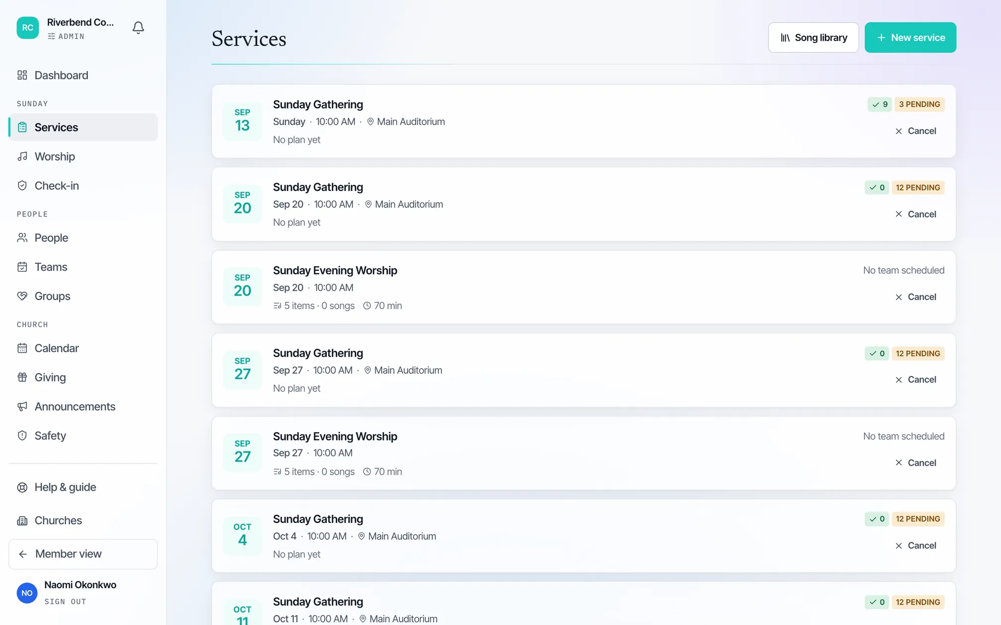 The service planning screen, showing a Sunday order of service